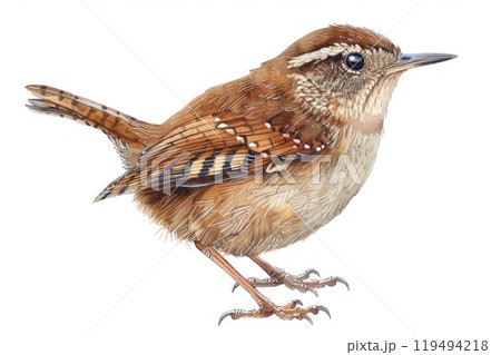 Wren, bird, Pastel-colored, in hand-drawn style, watercolor, isolated on white background 119494218