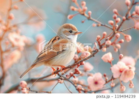 Zitting Cisticola, isolated on pastel background, stock photographic style 119494239