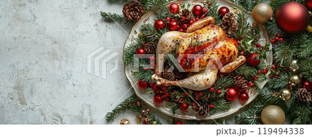 Festive whole roasted chicken surrounded by Christmas decorations with pine cones and berries on a white plate 119494338