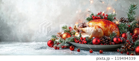 Beautifully decorated whole roasted chicken on a festive holiday table with candles, evergreen branches, and pine cones, showcasing a warm and inviting Christmas or Thanksgiving dinner setting. 119494339