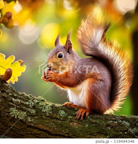 Red squirrel perched on a tree stump eating a hazelnut with a autumn background. AI Generated Red squirrel perched on a tree stump eating a hazelnut with a autumn background. AI Generated 119494346