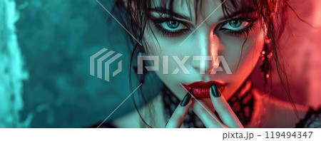 Close-up portrait of a beautiful woman with striking red lipstick and captivating eyes in dramatic lighting Close-up portrait of a beautiful woman with striking red lipstick and captivating eyes in dramatic lighting 119494347