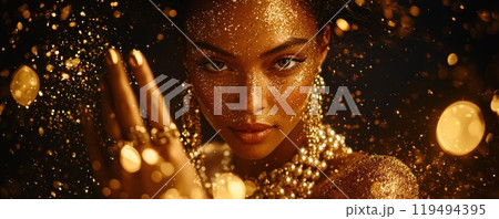 Elegant woman with golden skin and sparkling glitter in a dramatic portrait with pearl accents highlighting her artistic beauty. 119494395