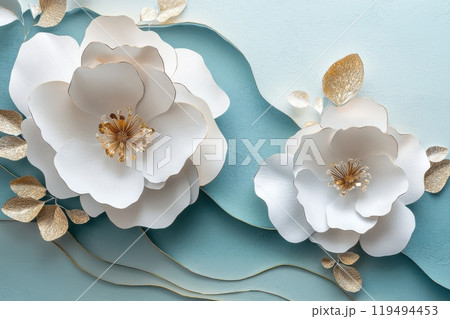 Elegant 3D paper art depicting abstract wall decor with delicate white flowers and golden leaves on a textured blue background 119494453