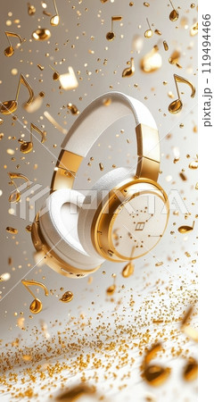 Golden headphones with musical notes floating in 3D space, surrounded by shimmering elements creating a dynamic audio experience 119494466