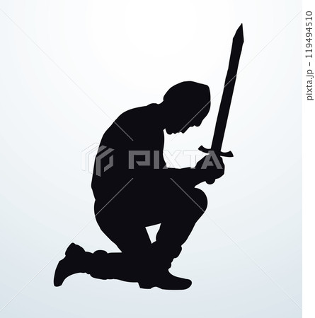 Kneeling knight with a sword. Vector drawing 119494510