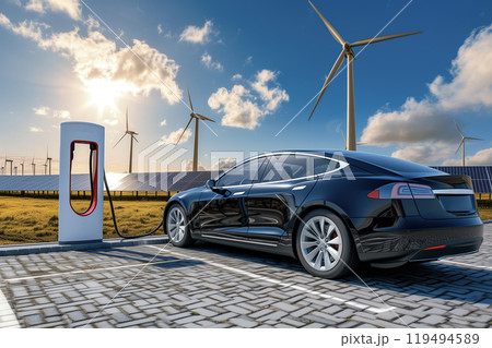 Electric Car Charging with Wind Turbines and Solar Panels 119494589
