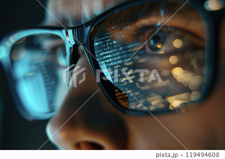 Close-up portrait of a software engineer with glasses reflecting lines of code 119494608