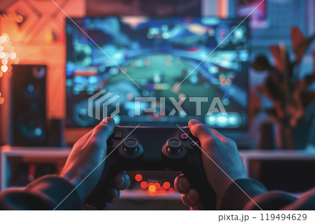 Close-up of hands holding a game controller, playing a video game on a screen 119494629