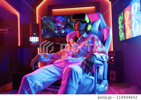Gamer wearing a VR headset, deeply immersed in a virtual reality game in a neon-lit room. 119494642