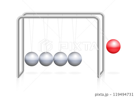Newton's cradle with red sphere on frame with metal balls, demonstrating principles of conservation of momentum and energy in physics. Red ball creates a pressure wave pushing the last ball upwards. 119494731