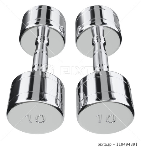 Two blank Round Dumbbells with number 10, chrome weightlifting gym equipment 119494891