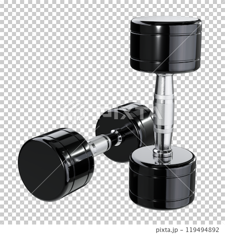 Two blank Round Dumbbells, black weightlifting gym equipment top view 119494892