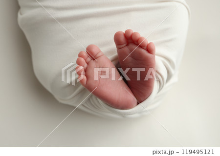 The tiny foot of a newborn. Soft feet of a newborn in a white blanket. Close up of toes, heels and feet of a newborn baby. Studio Macro photography. Woman's happiness. The tiny foot of a newborn. Soft feet of a newborn in a white blanket. Close up of toes, heels and feet of a newborn baby. Studio Macro photography. Woman's happiness. 119495121