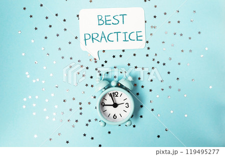 Best practice text on blue background with golden confetti Golden 119495277