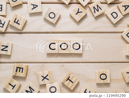 Wooden blocks spelling COO on a light wooden background Wooden blocks spelling COO on a light wooden background 119495290