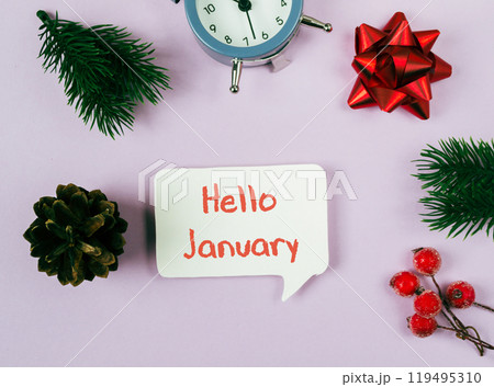 A white sign with red letters that says Hello January 119495310
