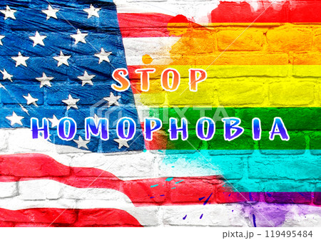 Rainbow flag with the words Stop Homophobia written on it Rainbow flag with the words Stop Homophobia written on it 119495484