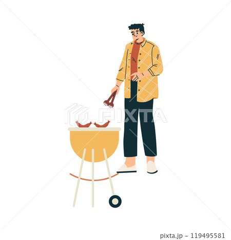 Man Character Standing Grill Sausage Relaxing in Nature in the Park Have Barbecue Vector Illustration Man Character Standing Grill Sausage Relaxing in Nature in the Park Have Barbecue Vector Illustration 119495581