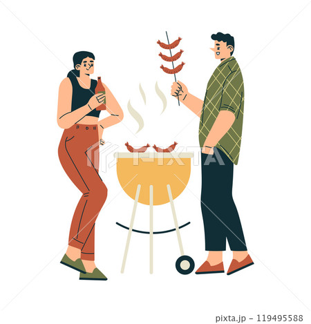 Man and Woman Character Stand Grill Sausage Relaxing in Nature in the Park Have Barbecue Vector Illustration 119495588