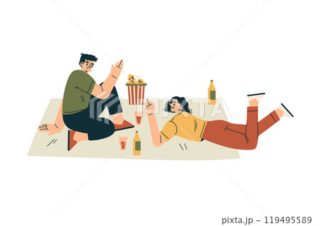 Man and Woman Character Relaxing in Nature in the Park Have Barbecue Vector Illustration 119495589