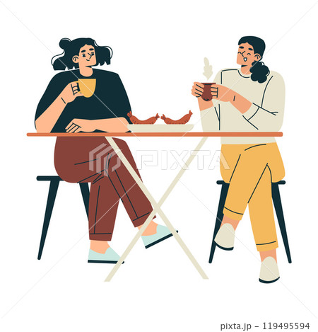 Woman Character Sit at Table with Sausage Relaxing in Nature in the Park Have Barbecue Vector Illustration Woman Character Sit at Table with Sausage Relaxing in Nature in the Park Have Barbecue Vector Illustration 119495594