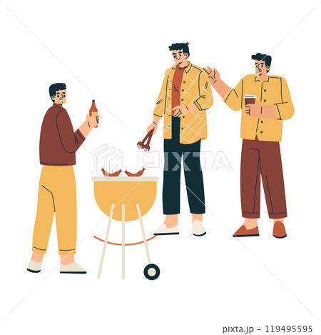 Man Character Stand Frying Sausage Relaxing in Nature in the Park Have Barbecue Vector Illustration 119495595