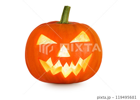 Funny Jack O Lantern halloween pumpkin with candle light inside isolated on white background Funny Jack O Lantern halloween pumpkin with candle light inside isolated on white background 119495681