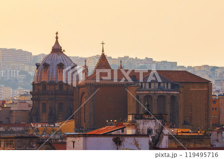 Aerial view of Naples Cathedral. It's bounded by the Basilica of San Francesco di Paola and the royal palace of the city. 119495716