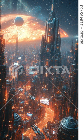 Futuristic cityscape with flying vehicles and glowing skyscrapers. Created with Generative AI 119495753