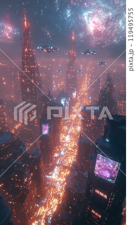 Futuristic cityscape with flying vehicles and glowing skyscrapers. Created with Generative AI 119495755