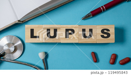 Wooden block with the letters LUPUS written on it 119495843