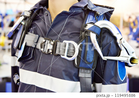 Working jacket with belt and carabiners for high-altitude work 119495886