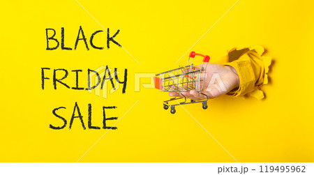 A hand holding a shopping cart with the words Black Friday Sale A hand holding a shopping cart with the words Black Friday Sale 119495962