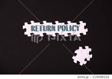 A puzzle piece with the word return policy written on it 119496028