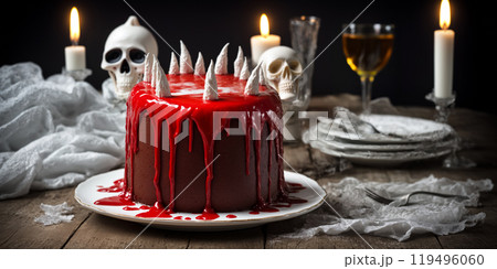 Halloween sponge cake topped with red strawberry icing in the color of blood and white icing horns, Halloween decoration in the background. Creative artistic painting Halloween sponge cake topped with red strawberry icing in the color of blood and white icing horns, Halloween decoration in the background. Creative artistic painting 119496060
