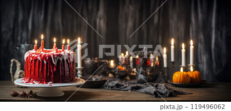 Halloween sponge cake topped with red strawberry icing in the color of blood, decorated with a calndles. Halloween decoration in the background. Creative artistic painting	 119496062