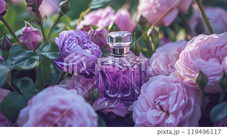 Perfume bottle in flowers, fragrance on blooming background, floral scent and cosmetic product idea 119496117