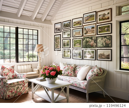 Living room gallery wall, home decor and wall art, framed art in the English country cottage interior, room for diy printable artwork mockup and print shop idea 119496124