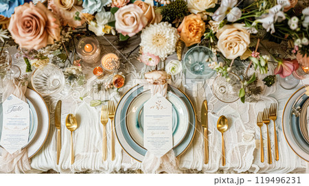 Grand wedding decoration in the country manor, floral decor and event celebration, flowers, wedding aisle and tablescape in the garden, English countryside style idea 119496231