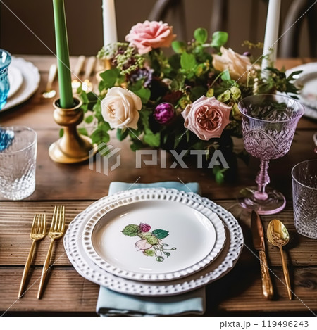 Traditional holiday tablescape, formal dinner table setting, table scape with country classic style decoration for wedding and celebration, post-processed, generative ai 119496243