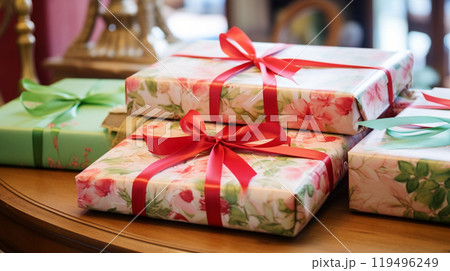 Christmas gift box wrapping idea for boxing day and winter holidays in the English countryside tradition 119496249