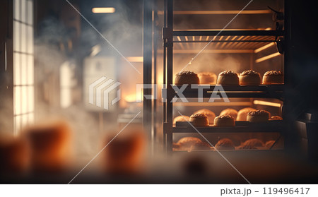 Bakery with hot fresh bread and pastry baking in the old town bakery, freshly baked products on shelves and the oven, small local business and food production idea 119496417