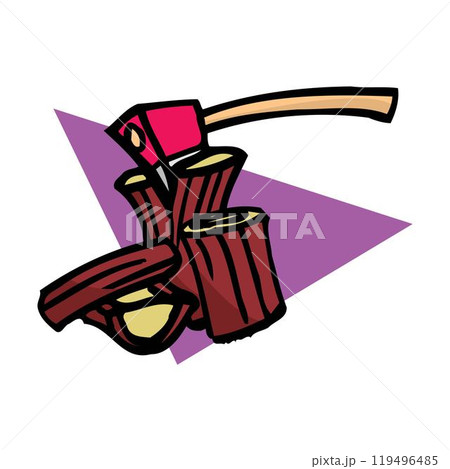 A tree stump with an axe stuck vector illustration flat icon, Ax sticking in stump symbol A tree stump with an axe stuck vector illustration flat icon, Ax sticking in stump symbol 119496485