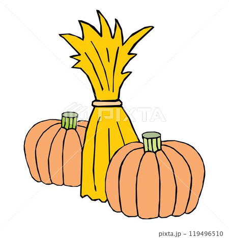 corn haystack and Pumpkins in rectangular bundle with ropes, countryside farm agriculture haystack vector corn haystack and Pumpkins in rectangular bundle with ropes, countryside farm agriculture haystack vector 119496510