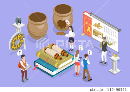 3D Isometric Flat Vector Illustration of History School Subject, Study Of Past Events 119496531