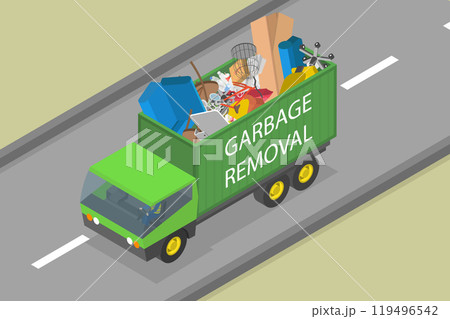 3D Isometric Flat Vector Illustration of Junk Removal, Garbage Truck Filled With Trash 3D Isometric Flat Vector Illustration of Junk Removal, Garbage Truck Filled With Trash 119496542