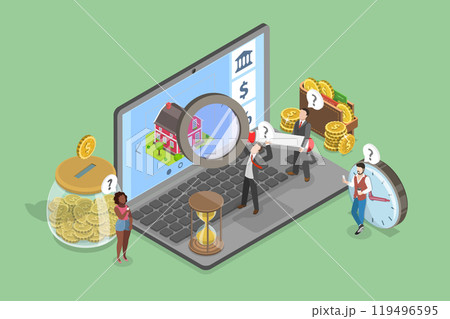 3D Isometric Flat Vector Illustration of Home Appraisal Process, Property Assessment and Estimates 119496595