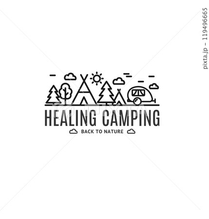 Healing Camping Sign Thin Line Icon Emblem Concept with Van or Traile. Vector Healing Camping Sign Thin Line Icon Emblem Concept with Van or Traile. Vector 119496665