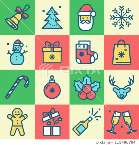 Merry Christmas and Happy New Year Signs Geometric Color Thin Line Icon Set. Vector 119496704